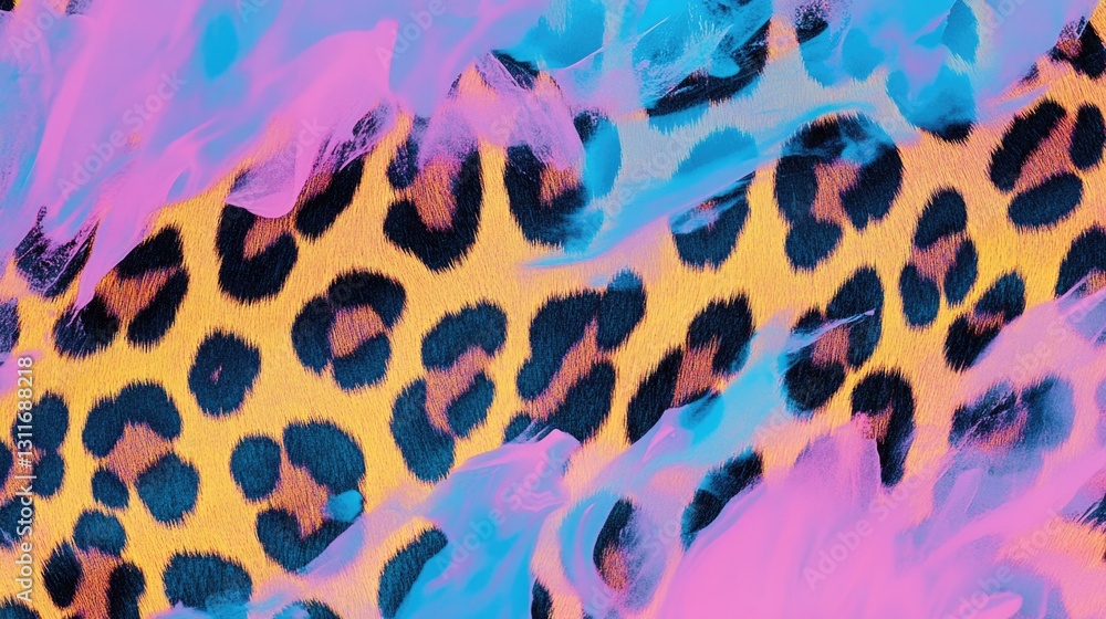 Poster a leopard print with a wild and abstract twist, featuring vibrant colors and a dynamic graphic patte