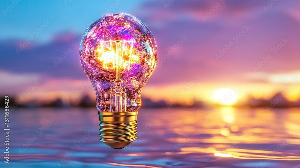 Aufkleber a sleek and futuristic 3d rendering of a glowing light bulb reflecting on the serene surface of a bo