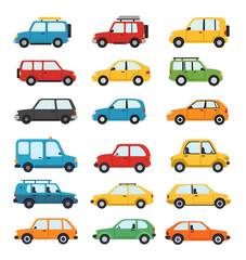 A set of 18 illustrated cars in various colors and styles, including sedans, hatchbacks, and vans. This vibrant collection is ideal for transportation-themed designs, posters, and digital projects.