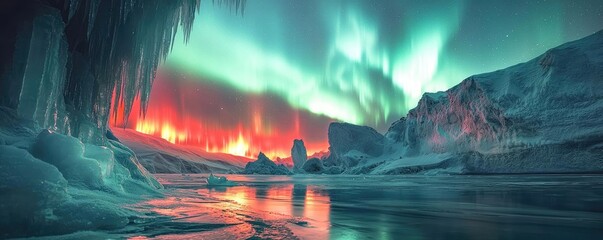 Aurora borealis northern lights concept. Breathtaking northern lights illuminating a serene icy landscape at night.