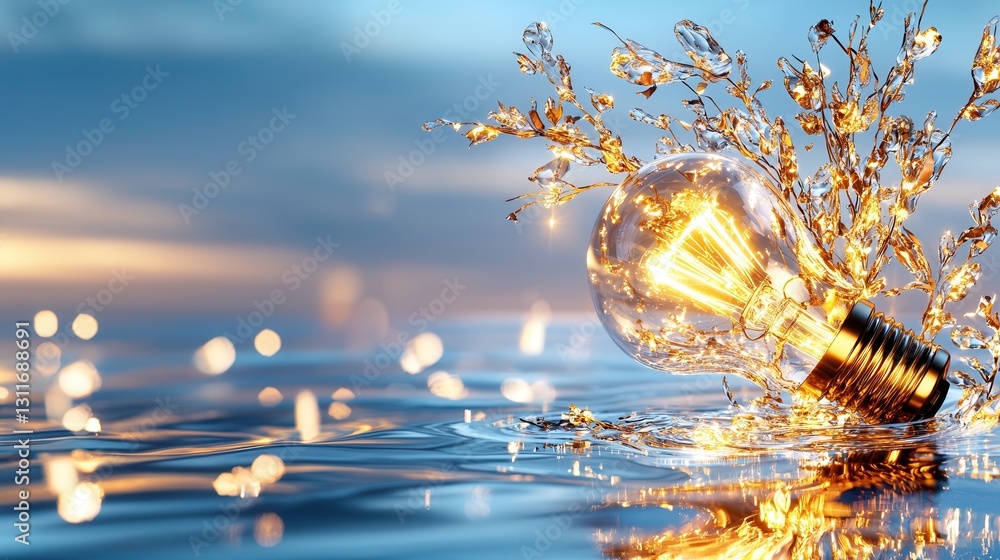 Poster 3d representation of a glowing electricity bulb gracefully reflecting in the calm rippling waters of