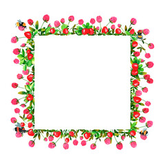 Fresh strawberry berries and clover flowers background. Set of frames of watercolor berries and clovers, dragonflies, butterflies, bumblebees and bees. Clip art, design element.