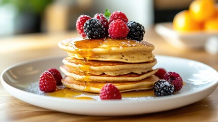 A stack of whole grain pancakes topped with fresh berries and a drizzle of honey, served on a clean white plate with room for clean eating copy.
