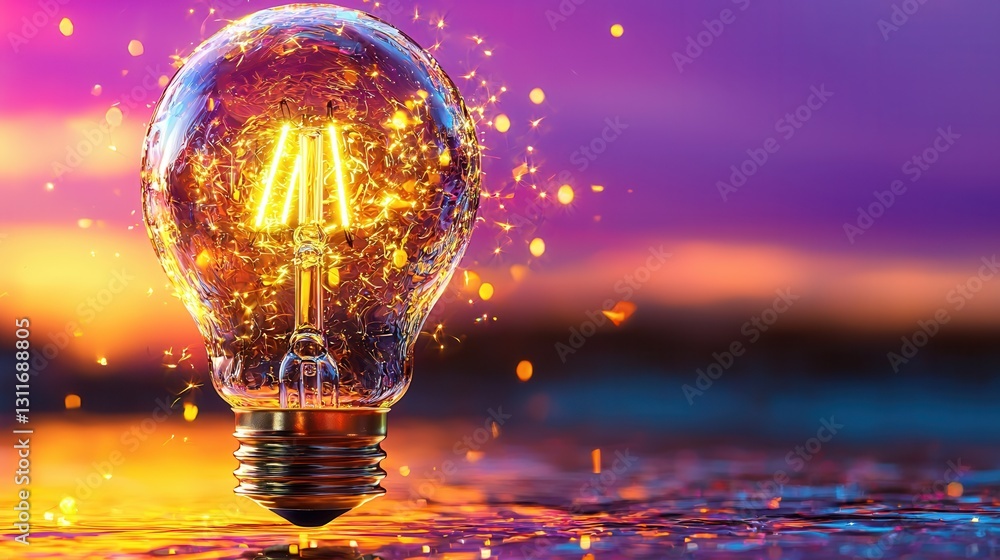 Poster a visually striking 3d rendered lightbulb that appears to be filled with a captivating colorful liqu