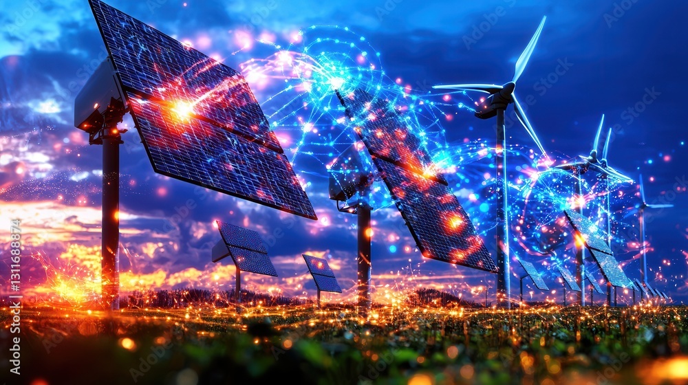 Poster futuristic ai powered energy distribution network connecting renewable power sources like solar and 