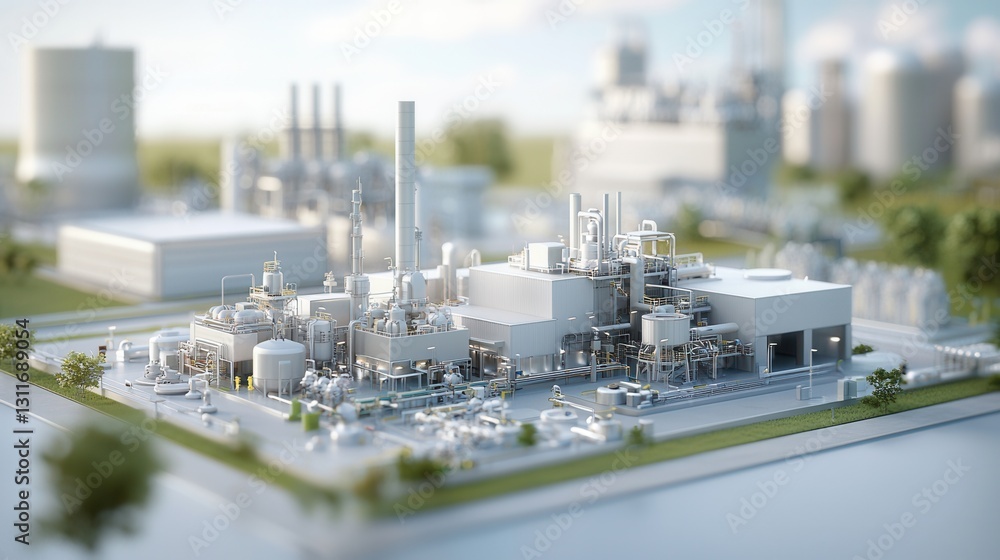 Poster highly advanced fuel processing facility with powerful steam turbines cooling towers and intricate p