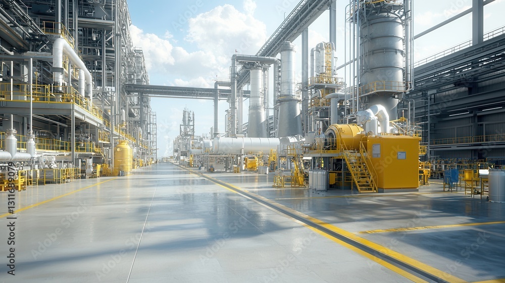 Poster expansive industrial fuel processing facility with a complex network of pipelines tanks and sophisti