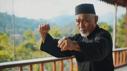 Dynamic illustration of an Indonesian man showcasing powerful Pencak Silat martial arts moves.