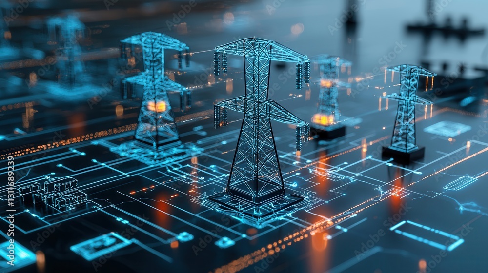 Poster advanced futuristic power grid with glowing central infrastructure intricate cyberpunk inspired elec