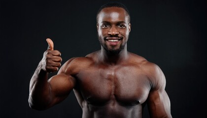 Fototapeta premium Muscular Man Shows Thumbs Up Smiling Against Dark Background