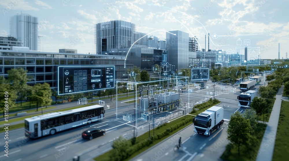 Poster cutting edge power distribution system and smart urban infrastructure in futuristic cityscape with s