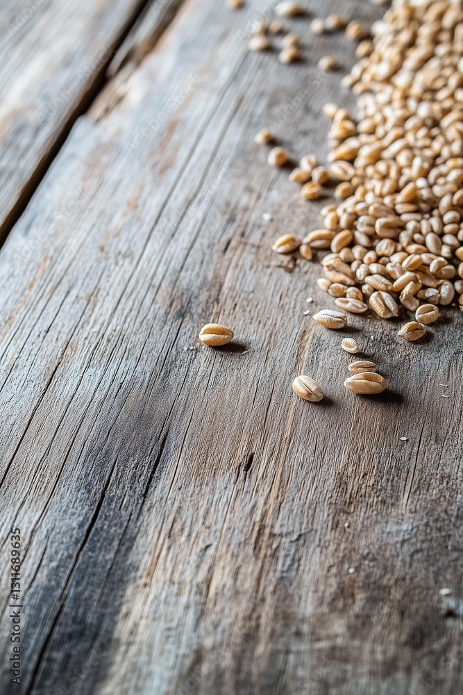 Poster wheat grains lie scattered across a rustic wooden table, showcasing intricate textures of each kerne