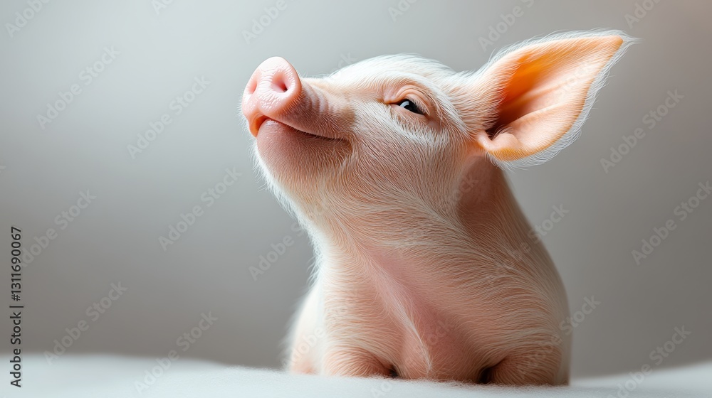 Poster pig is sitting on a white surface with its head up and looking at the camera. the pig appears to be 