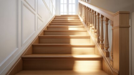 Obraz premium A traditional indoor staircase with classic wooden steps and a carved wooden handrail, offering a warm and inviting atmosphere with ample space for text.