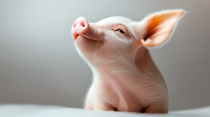 Pig is sitting on a white surface with its head up and looking at the camera. The pig appears to be happy and content