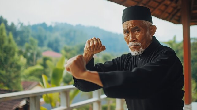 Dynamic illustration of an Indonesian man showcasing powerful Pencak Silat martial arts moves.