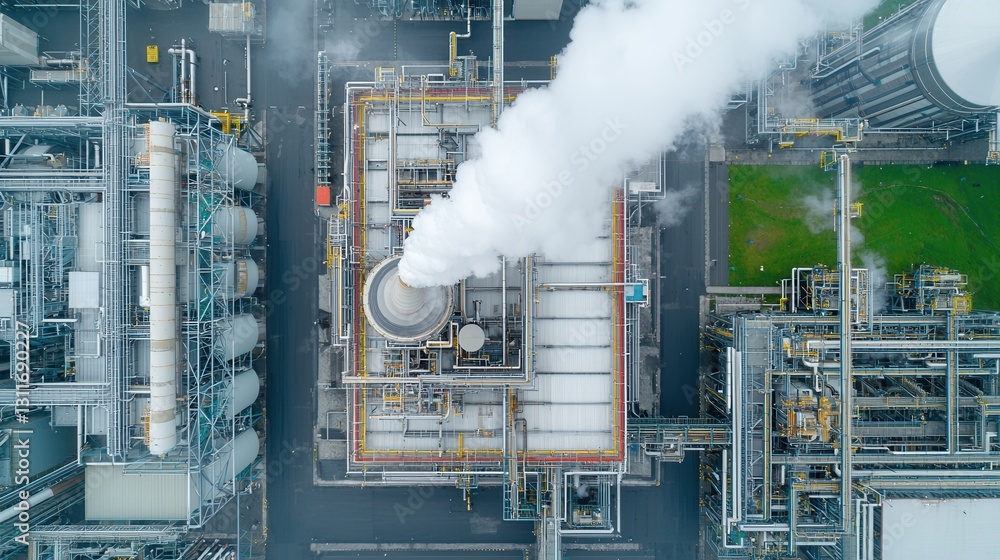 Poster aerial view of a large scale symmetrical fuel processing plant with interconnected pipelines storage