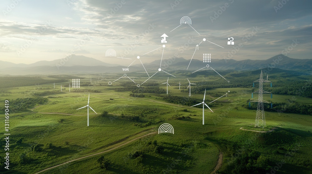Poster aerial panoramic view of a centralized smart power grid system with wind turbines transmission lines