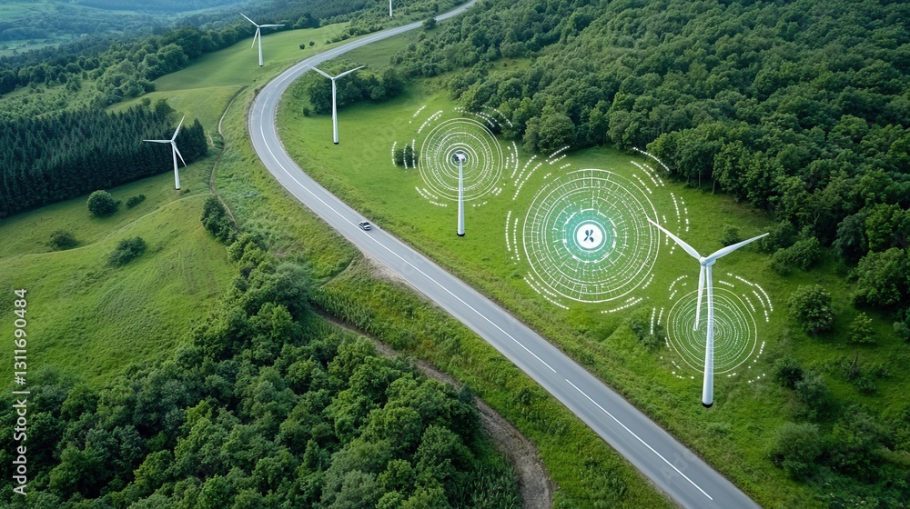 Poster aerial view of a centralized smart power grid with wind turbines dotting the rolling green hills and