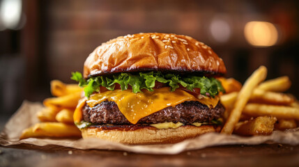 Close-up shot of a gourmet cheeseburger stacked with sizzling beef