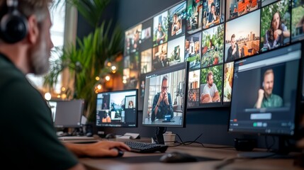 Man is sitting in front of a computer monitor with multiple screens displaying different images. The man is focused on his work, possibly editing or analyzing the images on the screens