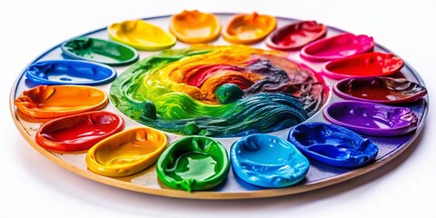 Vibrant Artist's Paint Palette: Macro Photography of Colorful Mixed Paints Isolated on White