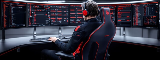 Person in Red and Black Gaming Chair Focused on Multiple Computer Screens Displaying Complex Data