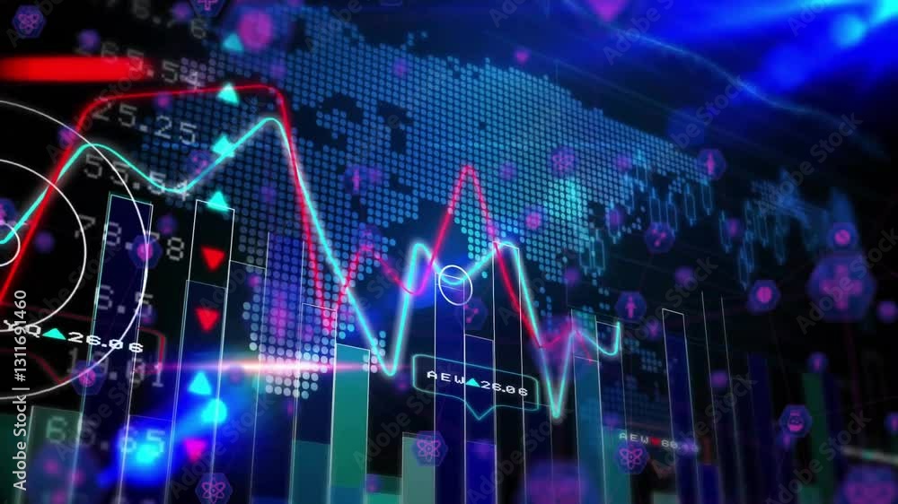 Poster visualizing global financial data with fluctuating graphs and digital world map animation