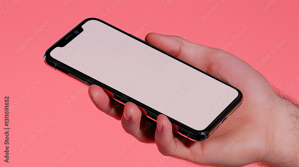 Poster smartphone in hand displaying blank screen technology. person holds modern mobile phone with empty d