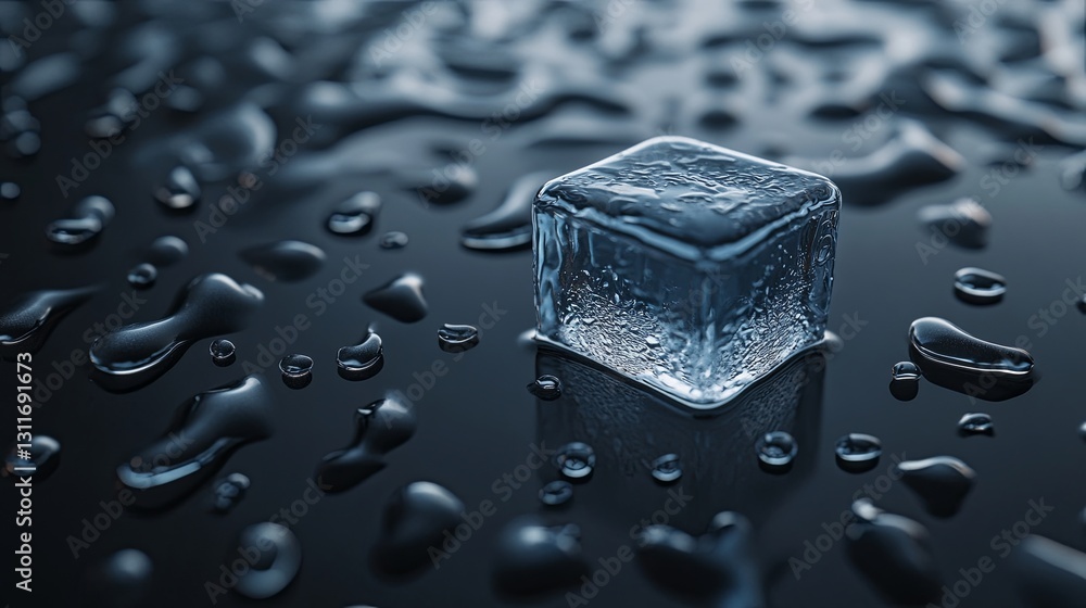 Poster clear ice cube resting on a wet surface reflecting soft light in an indoor setting