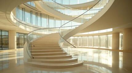 A wide indoor staircase with polished stone steps and a glass railing, with plenty of open space and natural light to enhance your design or content.