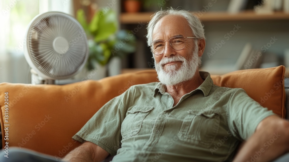 Poster man with a fan in front of him is smiling. he is sitting on a couch. the fan is on the left side of 