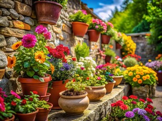 Vibrant Backyard Garden with Colorful Flowers in Pots, Stone Wall Background - Tilt-Shift Photography