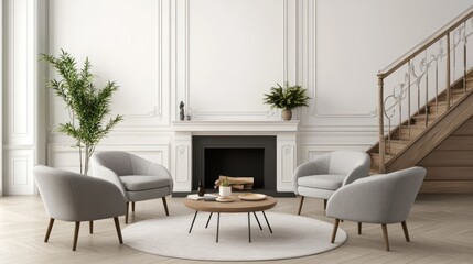 Elegant living room with fireplace, stairs, and seating