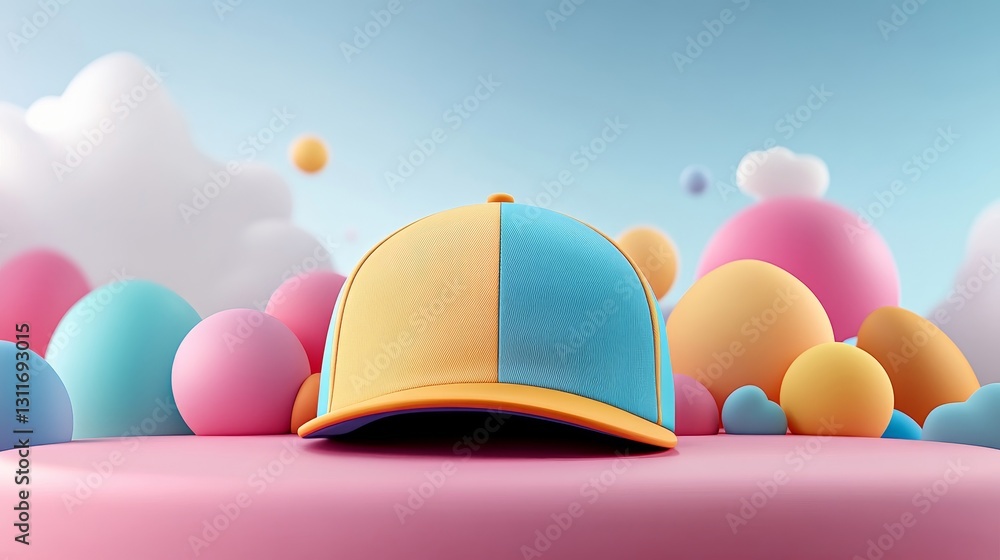 Poster vibrant cap on colorful background with playful shapes and textures