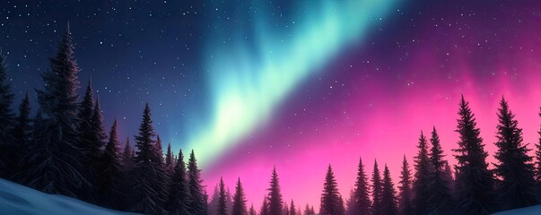 Naklejka premium Aurora borealis northern lights idea. Vibrant northern lights illuminate a snowy forest under a starry night sky.