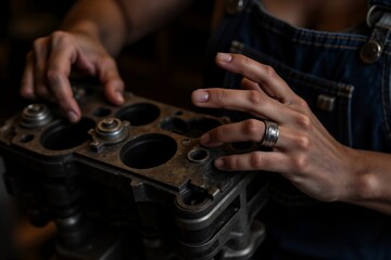 Hands in denim overalls work on a metal engine part, possibly a cylinder head, under dim focused lighting, highlighting intricate details.