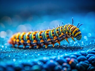 Naklejka premium Vibrant Blue Macro: Close-Up of a Caterpillar on Smooth Surface