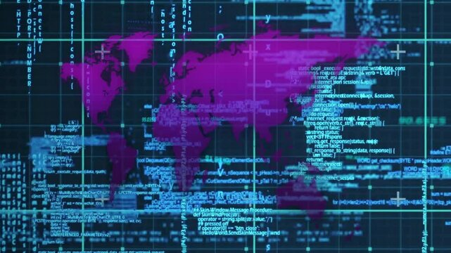 Animation of digital world map with blue coding text on dark background