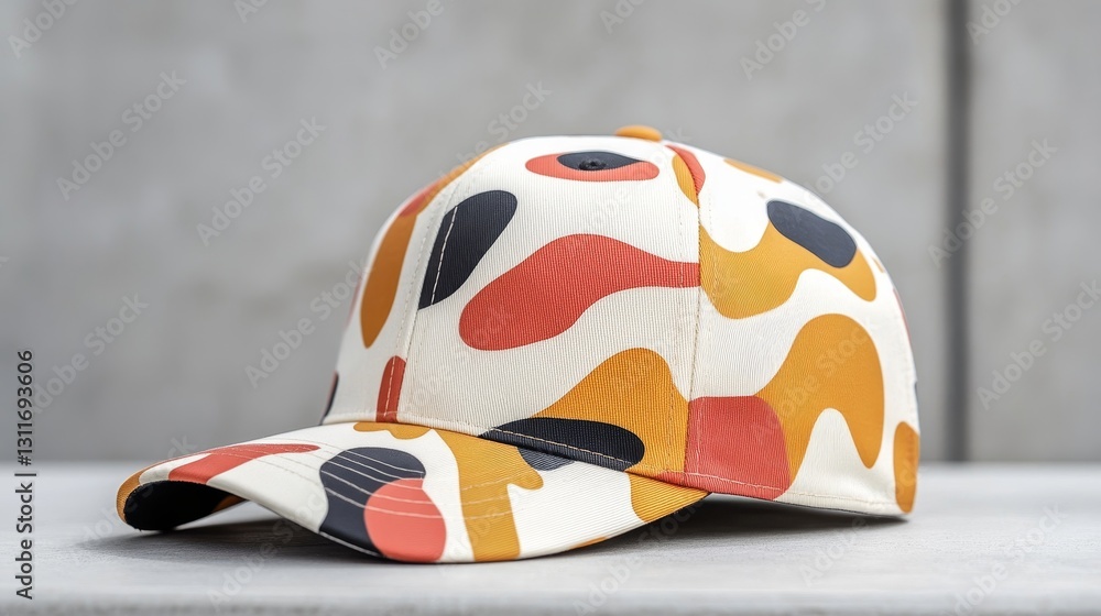 Poster stylish cap with abstract pattern in warm colors on neutral background