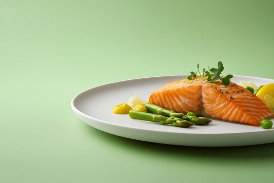 Expertly Crafted Salmon Fillet Plate with Vibrant Asparagus and Zesty Lemon Accents
