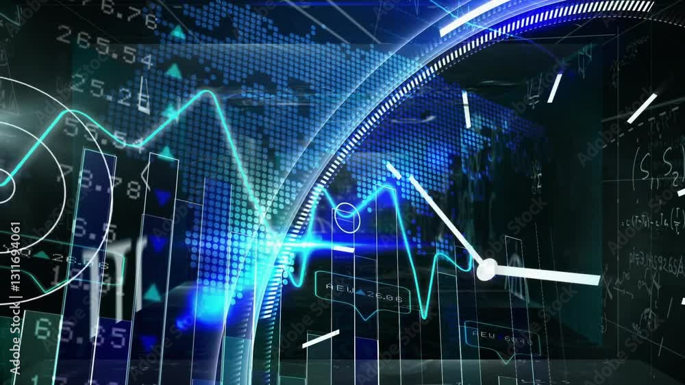 Poster graphs and world map in animation for digital data visualization in blue tones