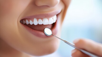 Obraz premium Oral Health â€“ A Bright Smile and Healthy Teeth A clean, modern dental office with a bright and welcoming atmosphere. In the foreground, a person is sitting in a dental chair, smiling with a sparklin