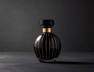 Black perfume bottle with horizontal grooves on the body