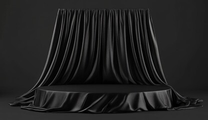 Black podium background with silk fabric, empty platform for product presentation on a black background.