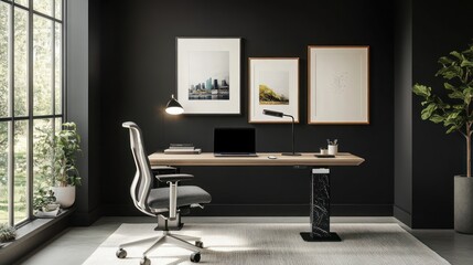 Modern home office desk, laptop, chair, window, plants