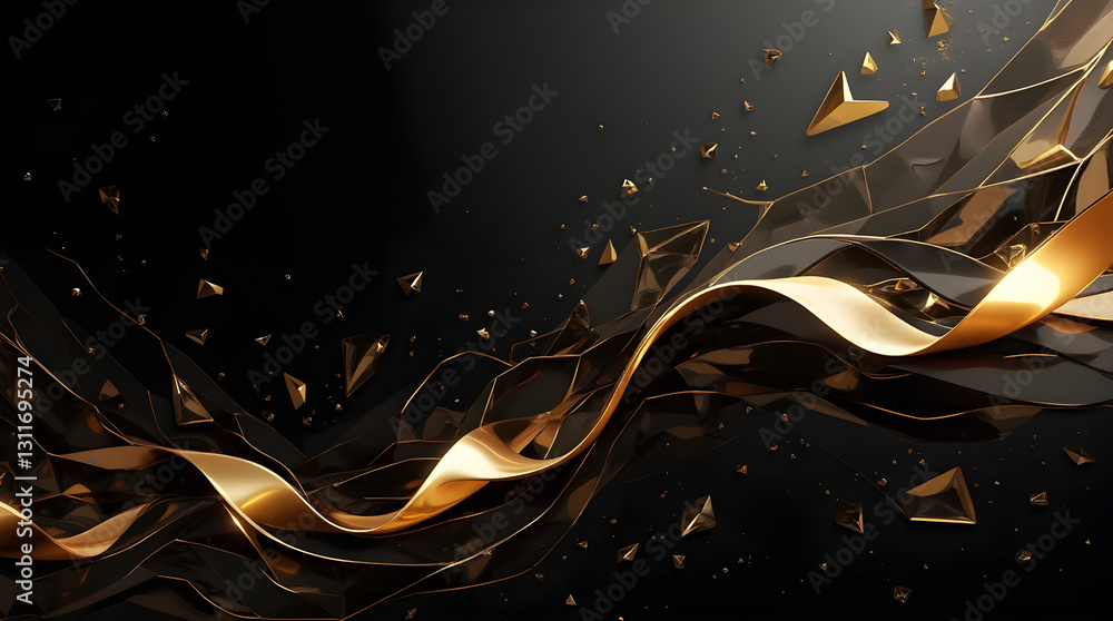 Poster dynamic abstract gold ribbon flowing with geometric shards on black background - elegant luxurious m