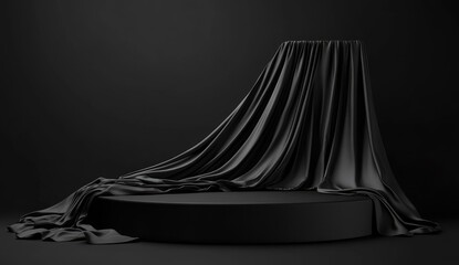 Black podium background with silk fabric, empty platform for product presentation on a black background.