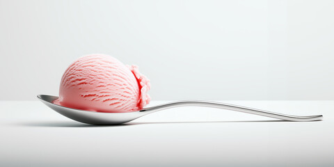 A silver spoon with a scoop of pink ice cream on it. The spoon is placed on a white surface, and the ice cream is sitting on top of it