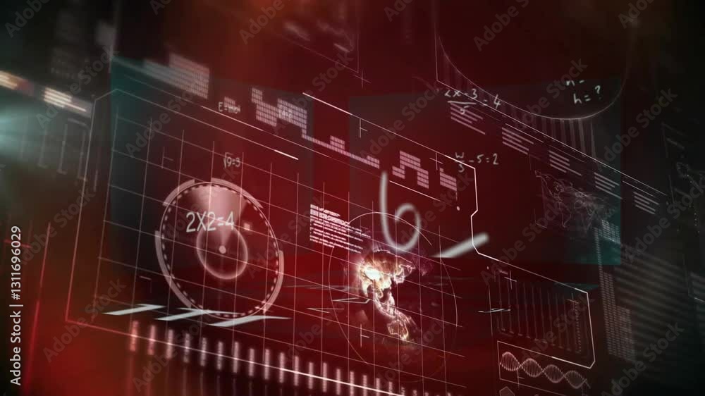 Poster animation of futuristic digital interface displaying scientific data in school setting